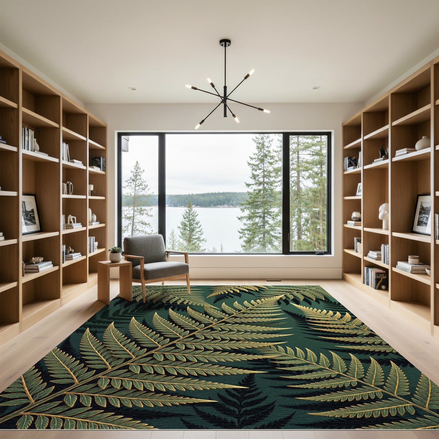 Golden Fern Foliage Botanical Emerald Rug