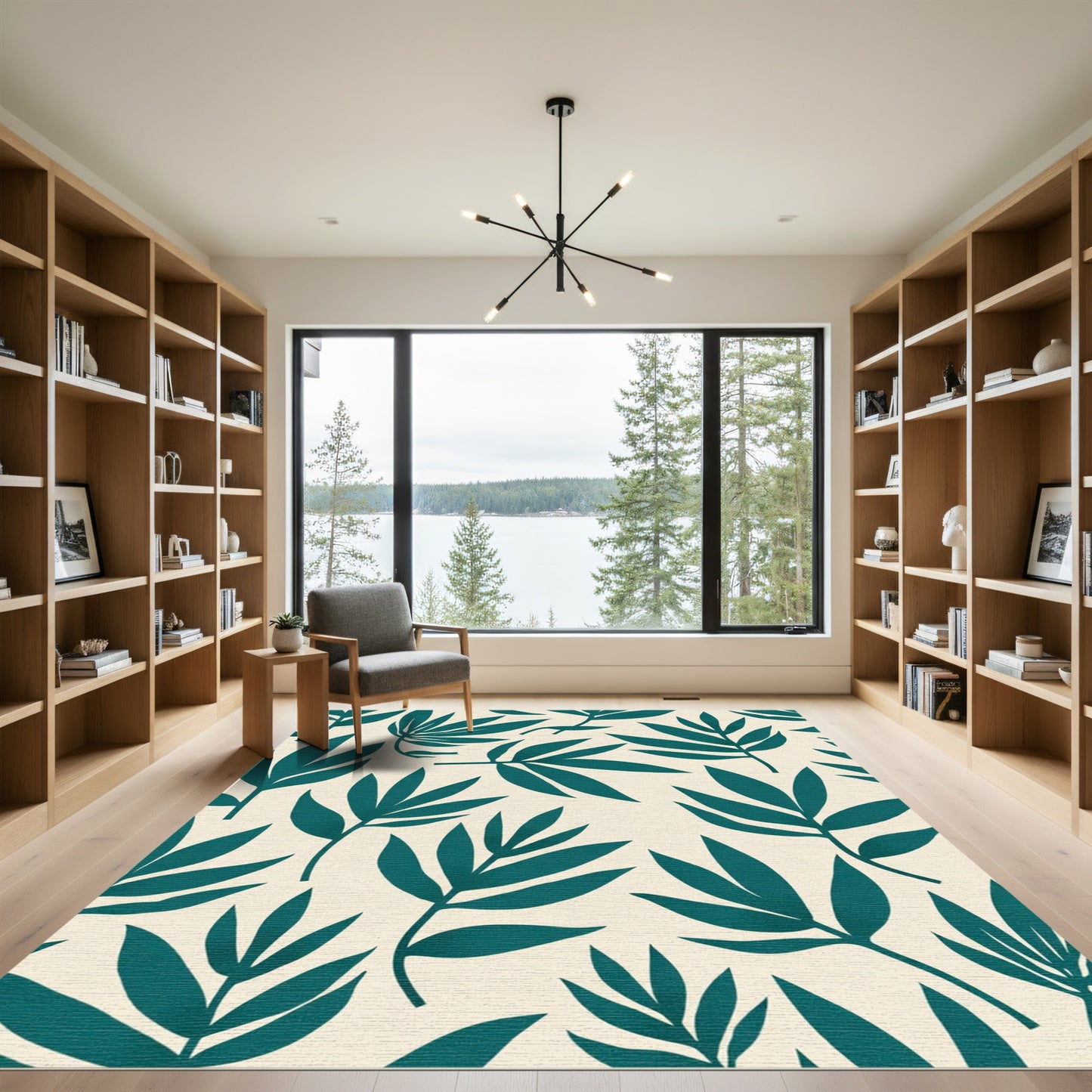 Teal Green Leafy Branch Arrangement Rug