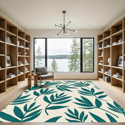 Teal Green Leafy Branch Arrangement Rug