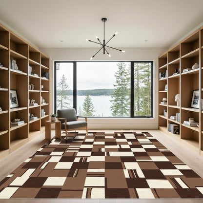 Brown Cream Abstract Gingham Squares Rug