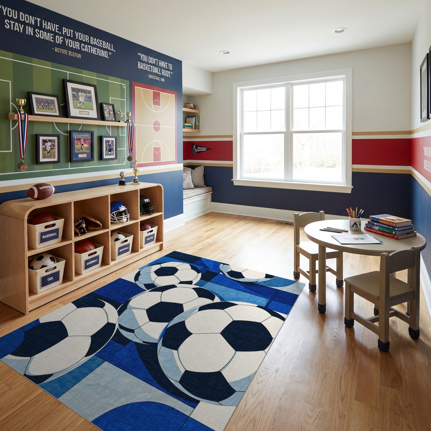 Bold Navy Soccer Balls Rug
