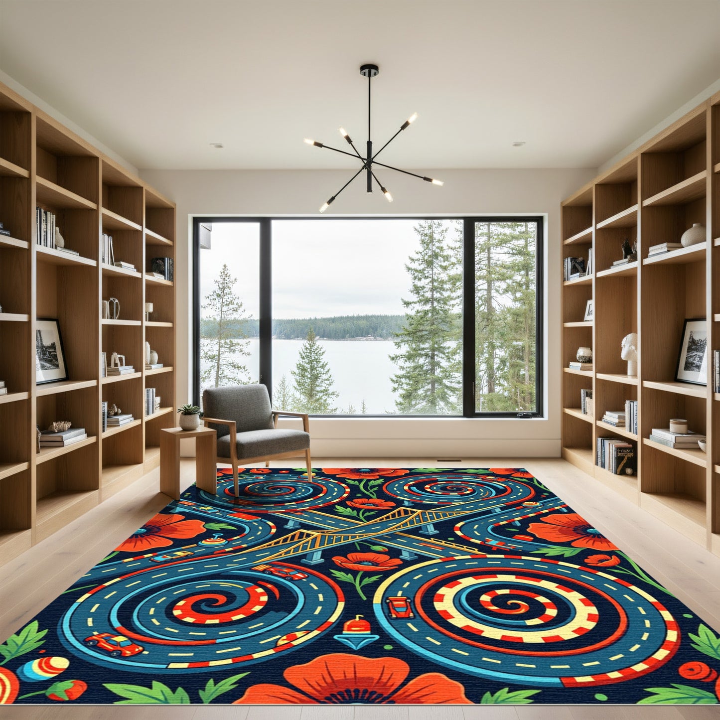 Vibrant Poppy Flower Spiraling Roadscape Rug