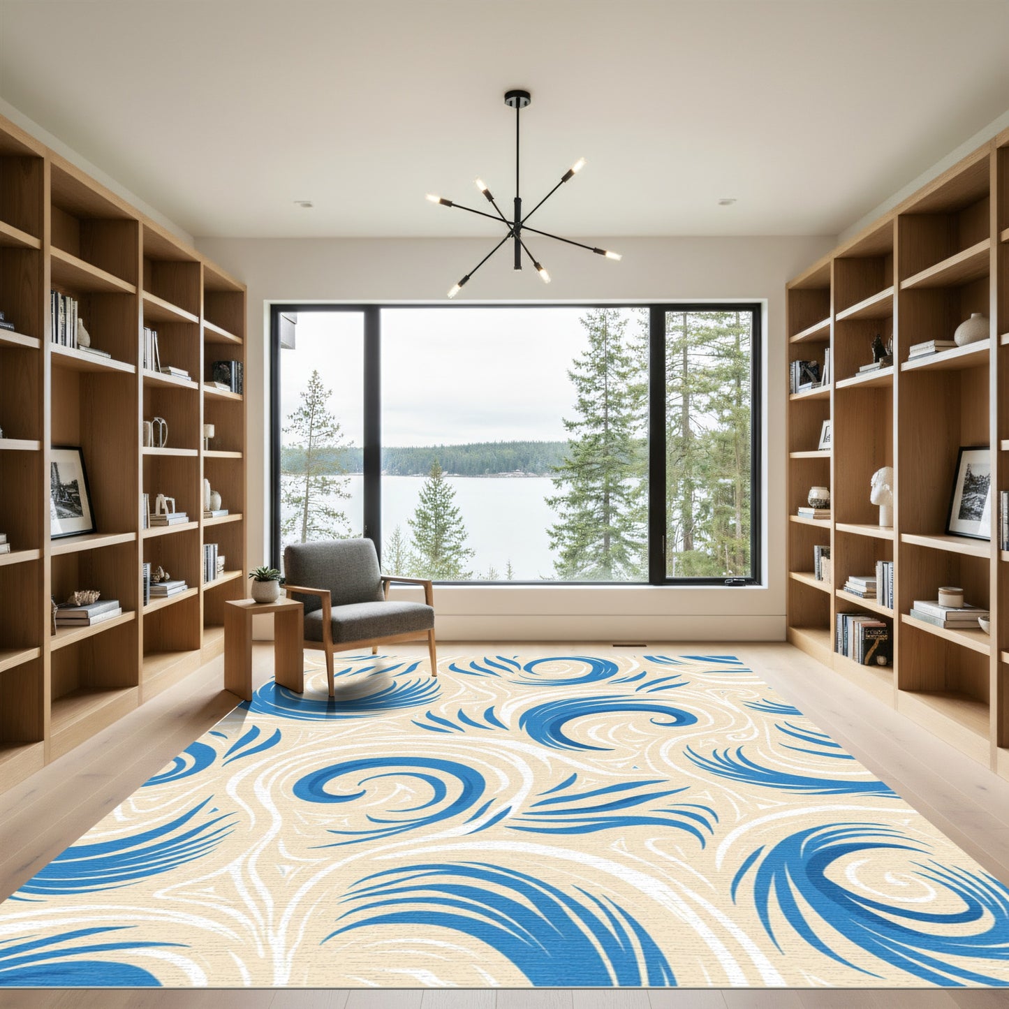 Cream Blue Swirl Abstract Flow Rug
