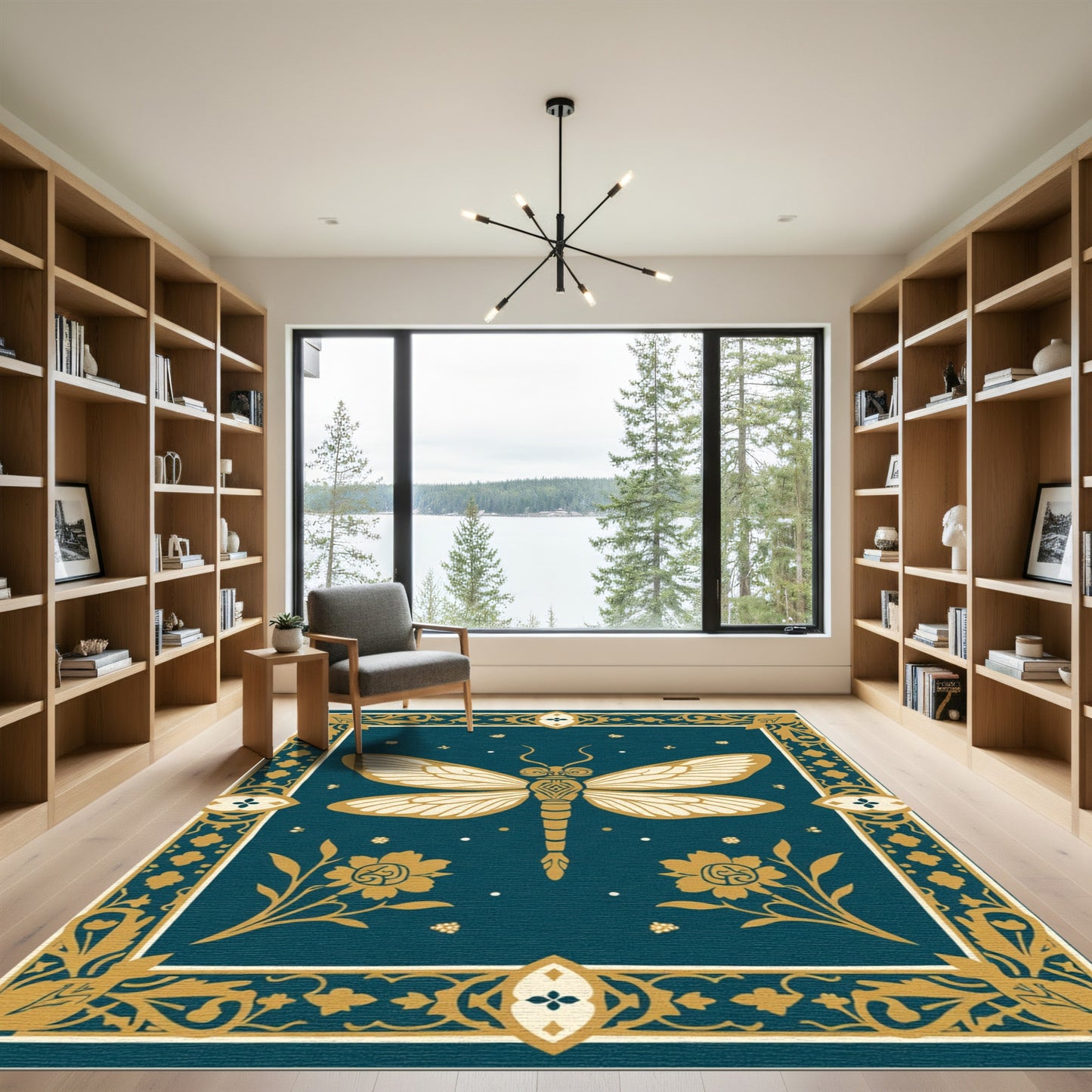 Golden Dragonfly Teal Floral Border Rug