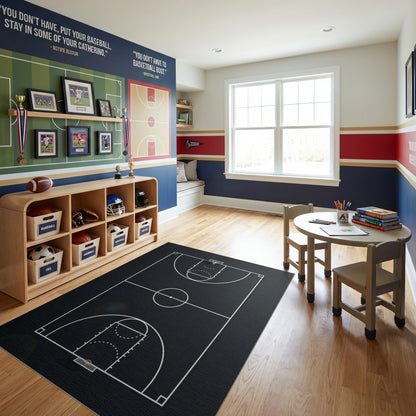 Black and White Basketball Court Lines Rug