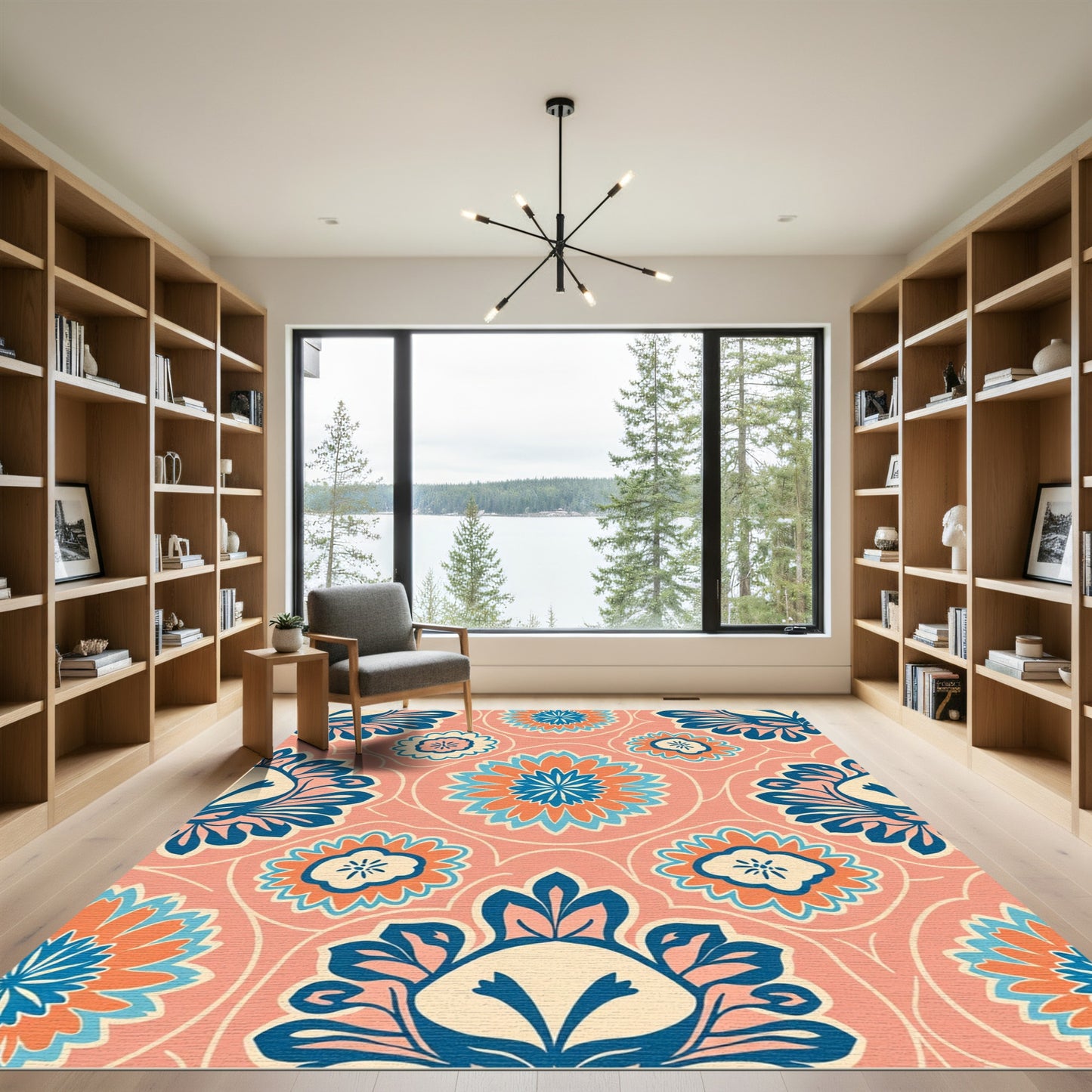 Coral Blue Orange Floral Medallion Rug