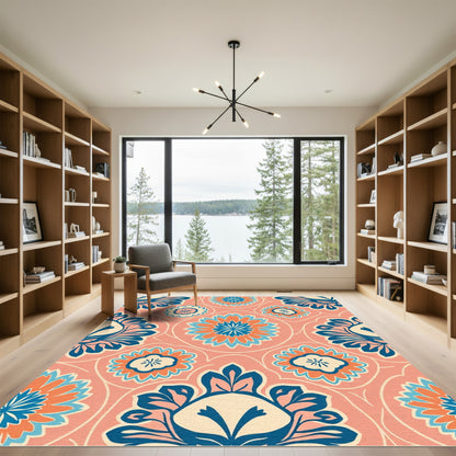 Coral Blue Orange Floral Medallion Rug