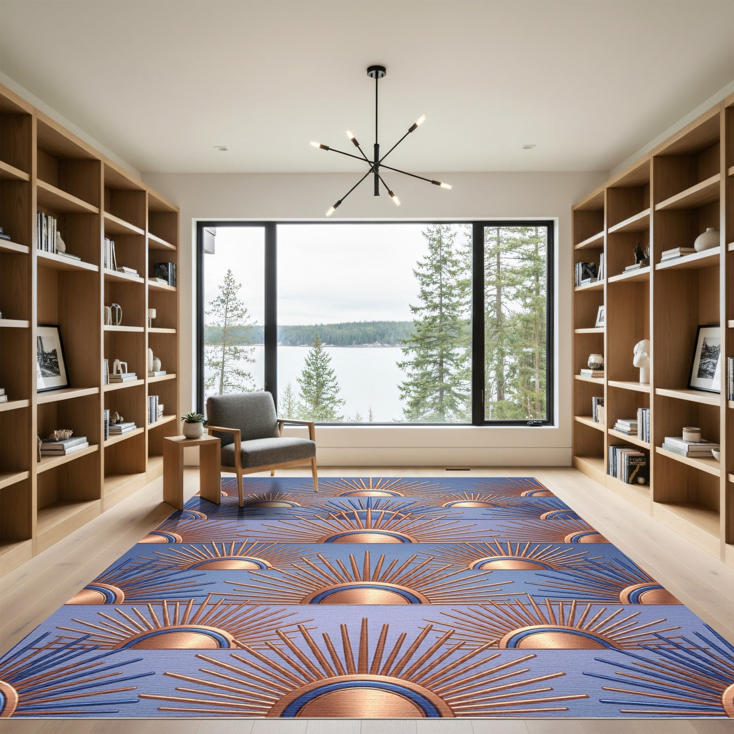 Art Deco Copper and Blue Sunburst Rug