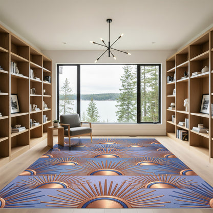 Art Deco Copper and Blue Sunburst Rug