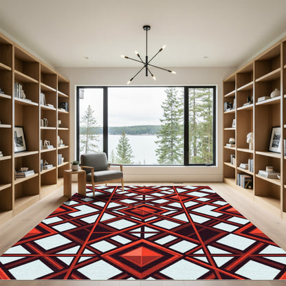 Bold Geometric Crimson Diamond Grid Rug