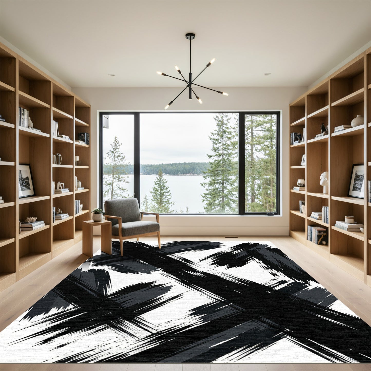 Bold Black Brush Stroke Abstract Rug