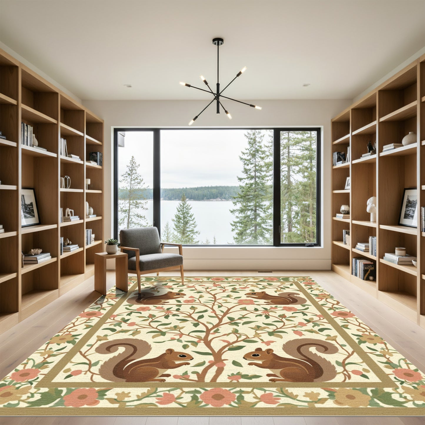 Whimsical Squirrels Floral Tree Border Rug