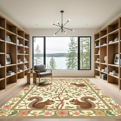 Whimsical Squirrels Floral Tree Border Rug