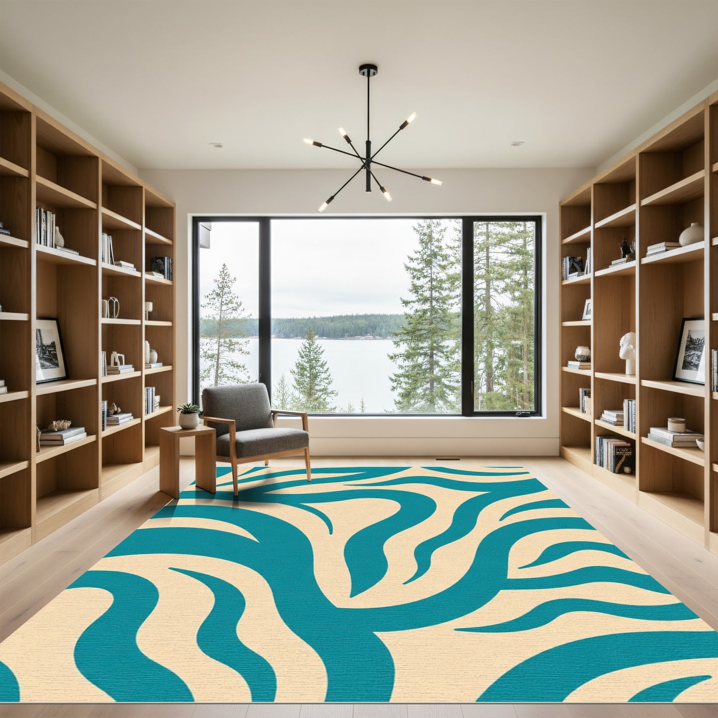 Teal Cream Curving Stripe Abstract Rug