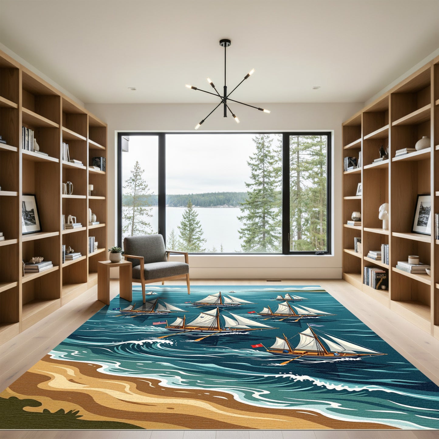 Nautical Sailboat Fleet Coastal Scene Rug