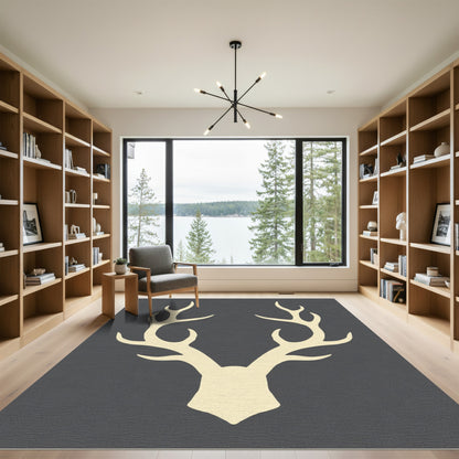 Cream Antlers Dark Gray Background Rug