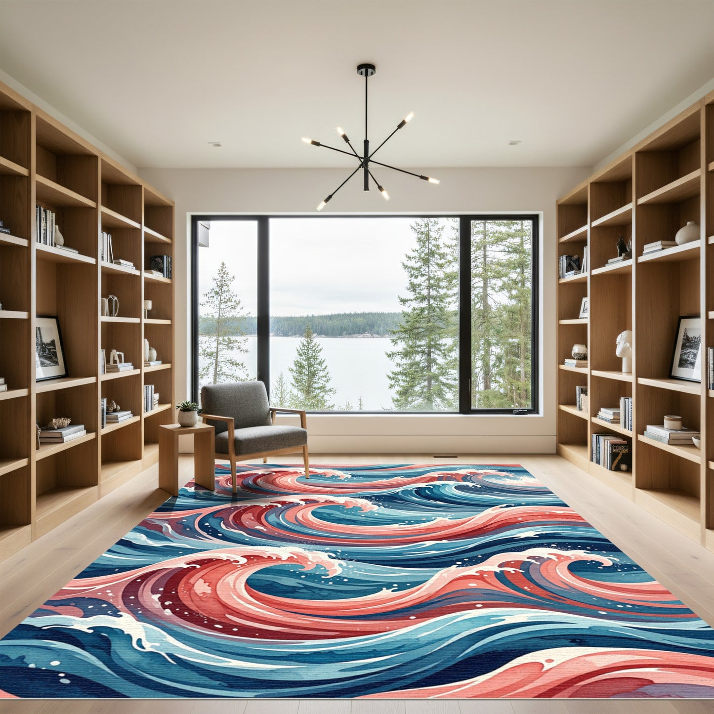 Abstract Coral and Teal Fluid Wave Rug