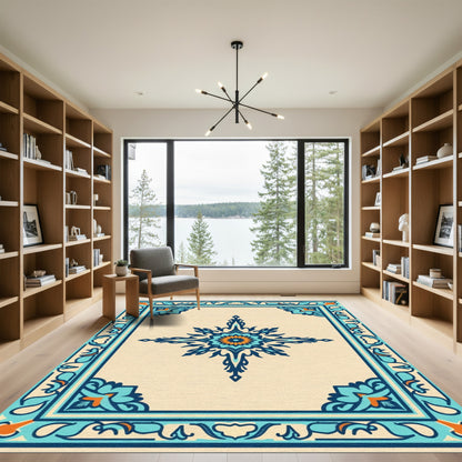 Teal Orange Starburst Medallion Border Rug