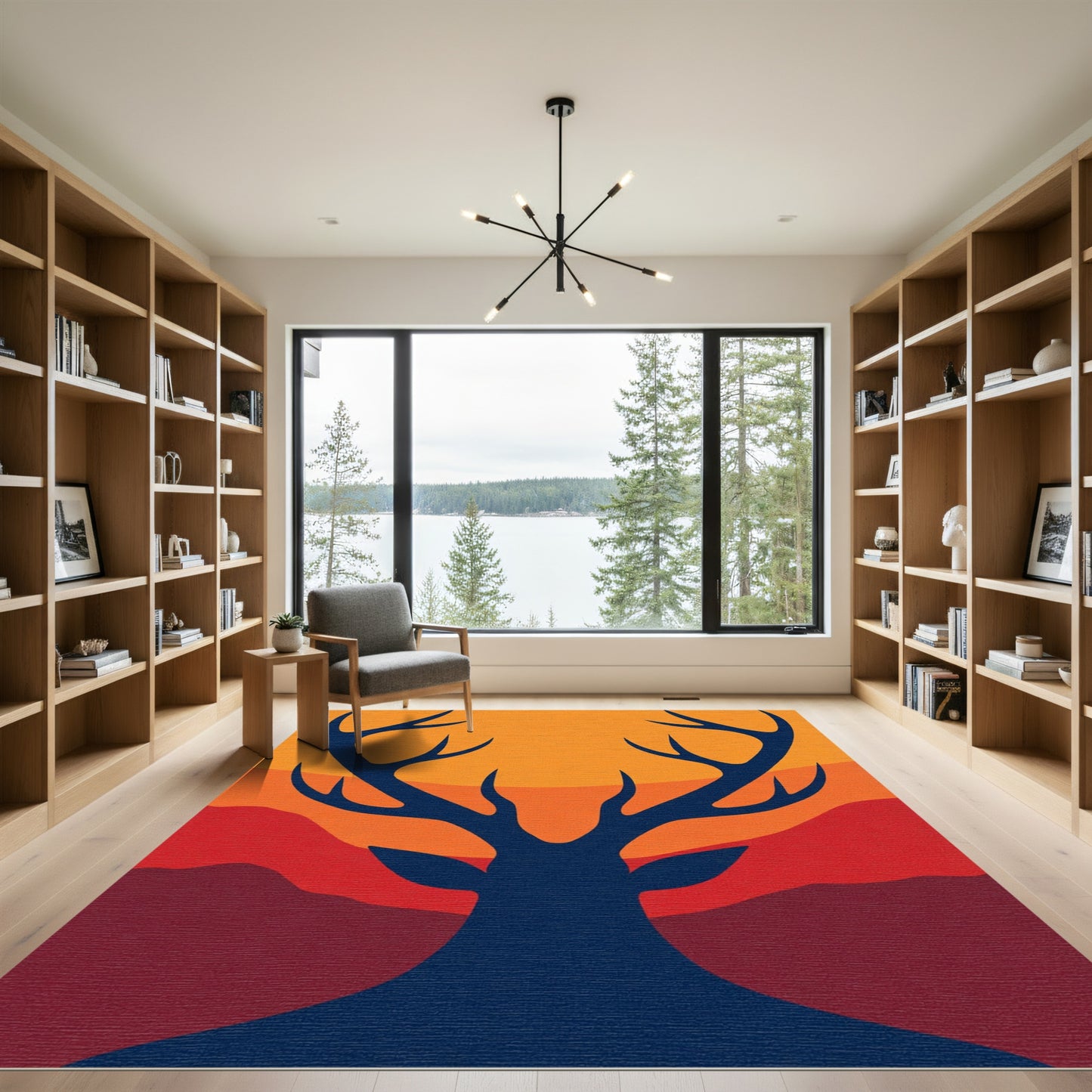 Deep Blue Antler Silhouette Sunset Rug