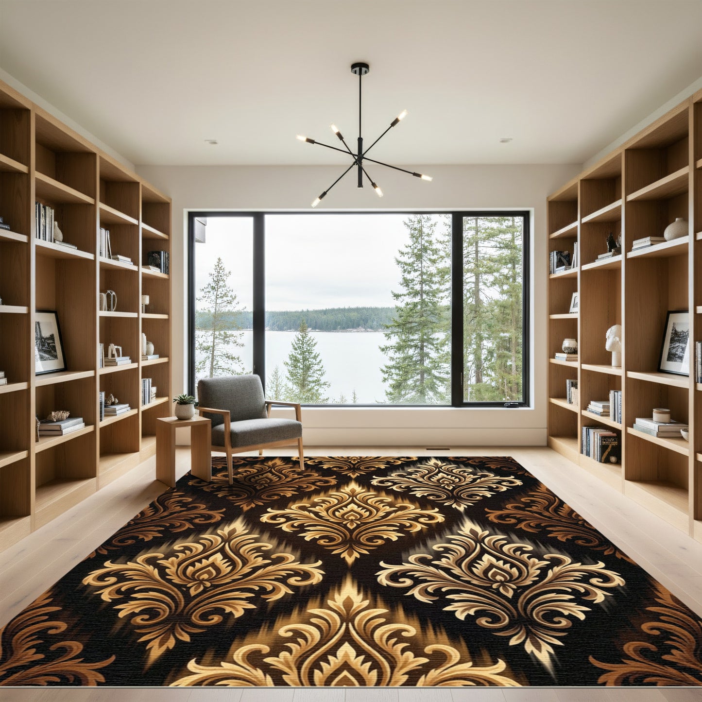 Gold Damask On Black Background Rug