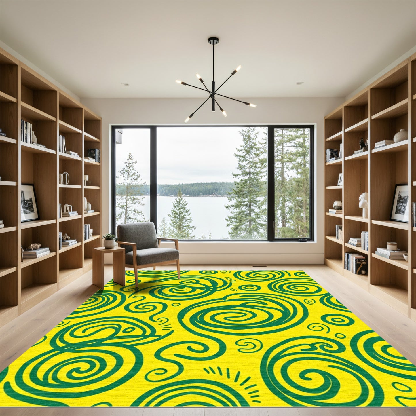 Bold Teal Swirl on Bright Yellow Rug