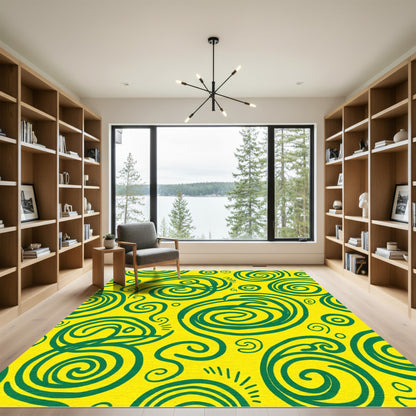 Bold Teal Swirl on Bright Yellow Rug
