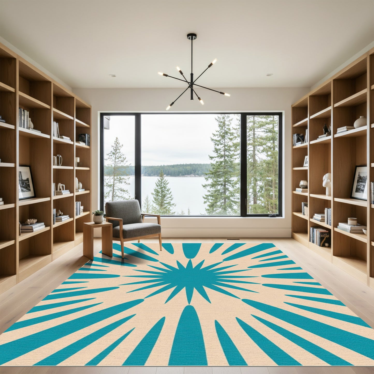 Teal Sunburst Geometric Mid Century Rug