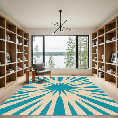 Teal Sunburst Geometric Mid Century Rug