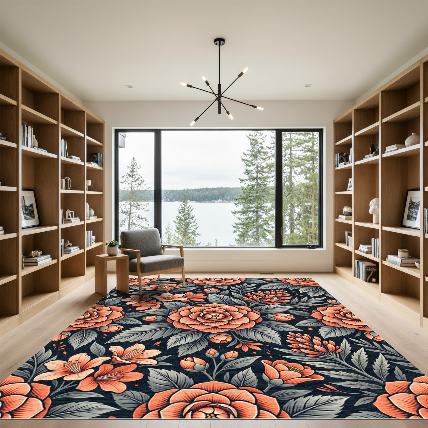 Coral Camellia Botanical Dark Floral Rug
