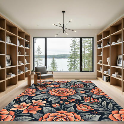 Coral Camellia Botanical Dark Floral Rug