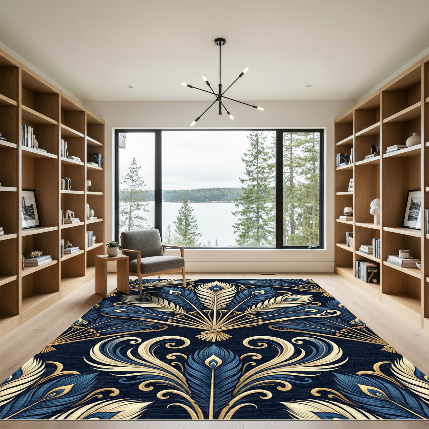 Elegant Navy and Gold Peacock Fan Rug