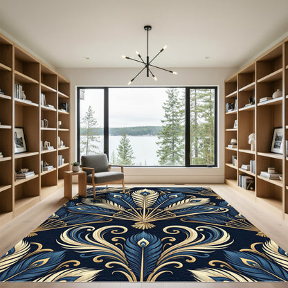 Elegant Navy and Gold Peacock Fan Rug