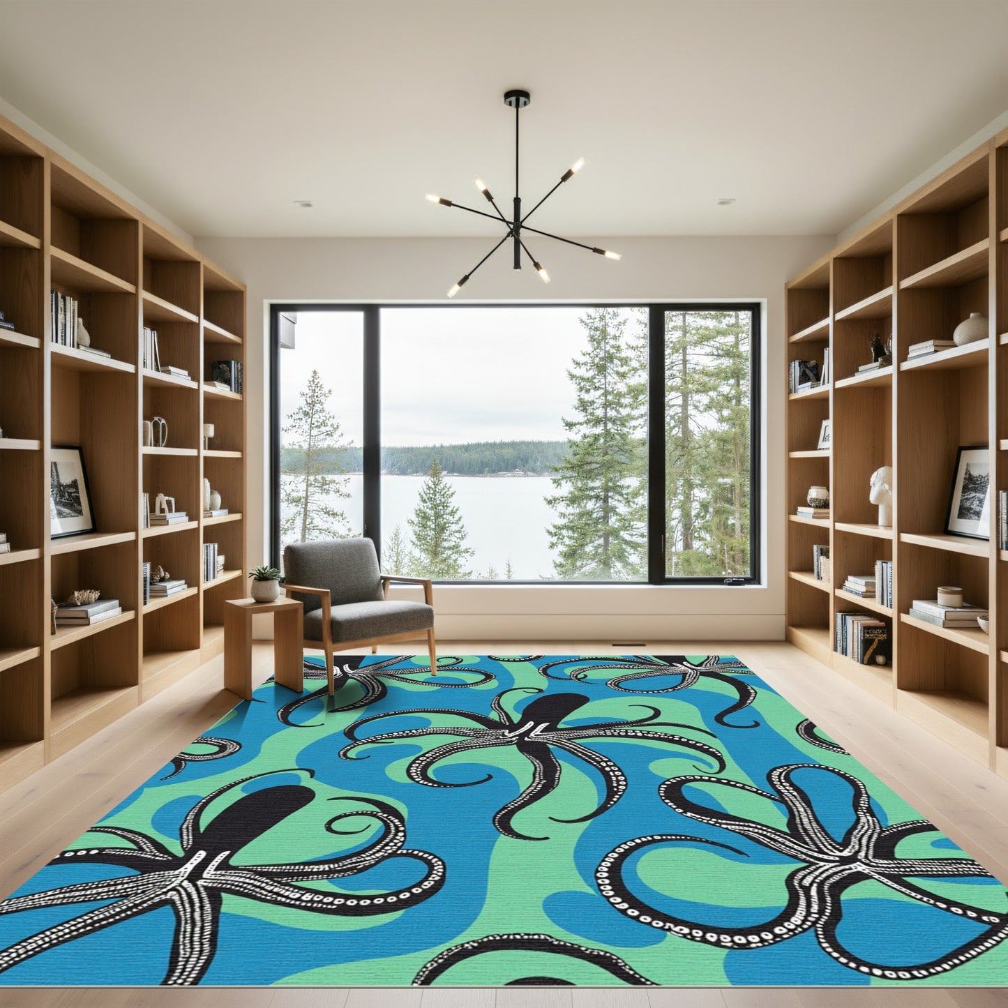 Black Octopus Blue Green Swirl Rug