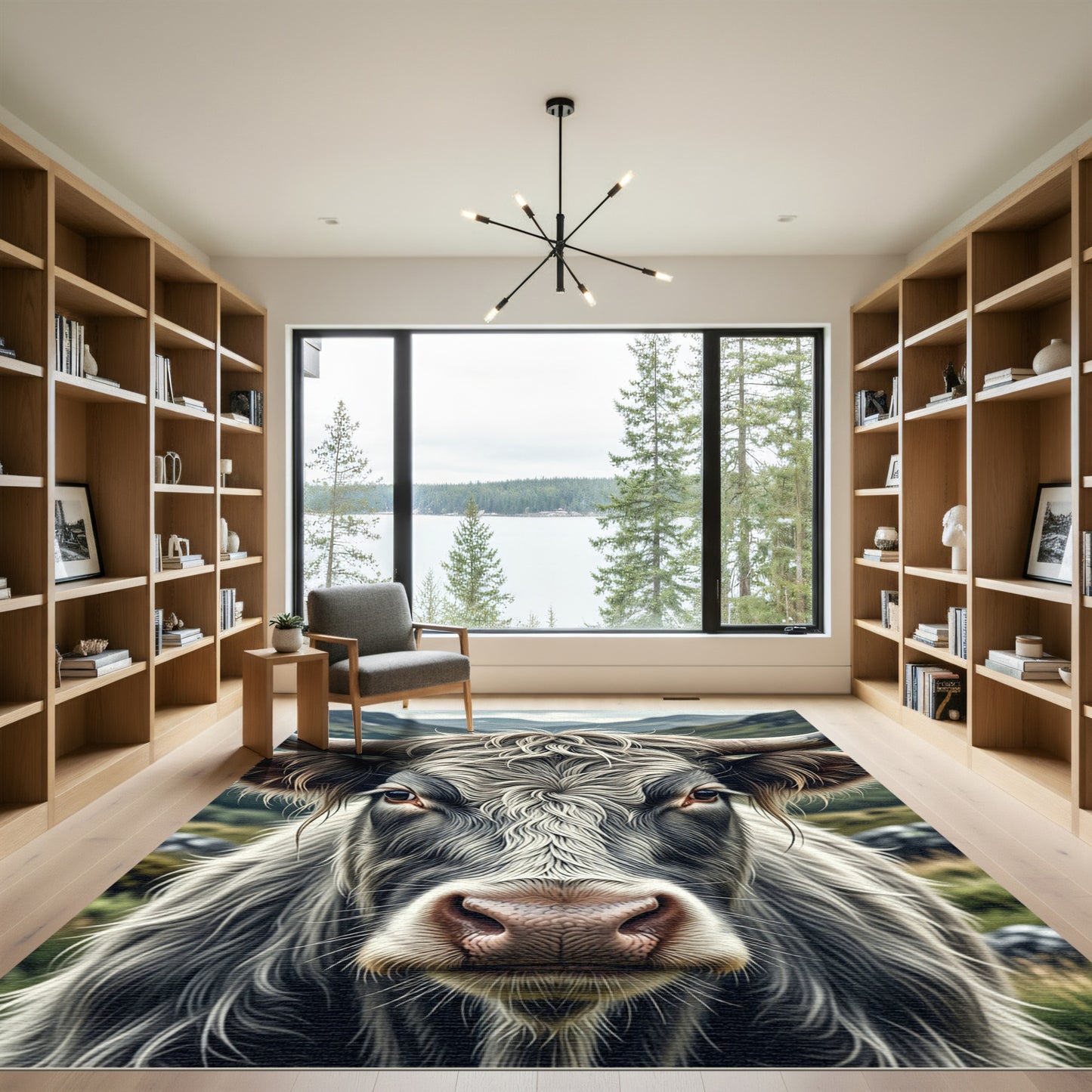 Majestic Highland Cow Charcoal Monochrome Portrait Rug