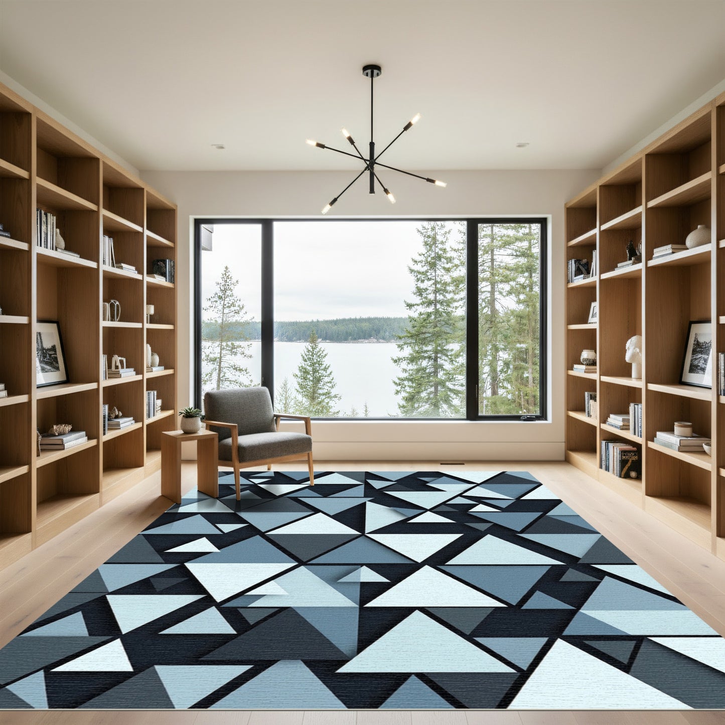 Modern Slate Blue Geometric Triangle Rug