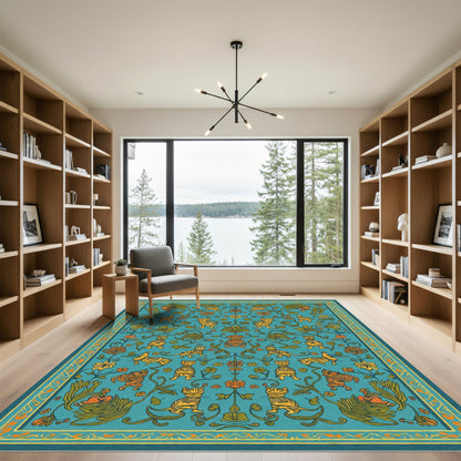 Teal Gold Whimsical Feline Floral Rug