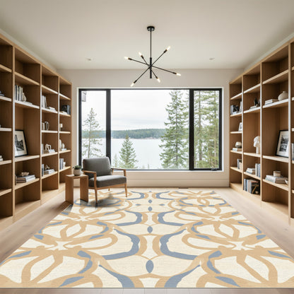 Cream Blue Abstract Organic Symmetry Rug