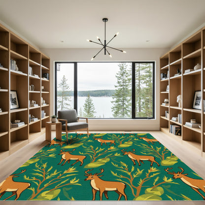 Woodland Deer Green Foliage Seamless Rug