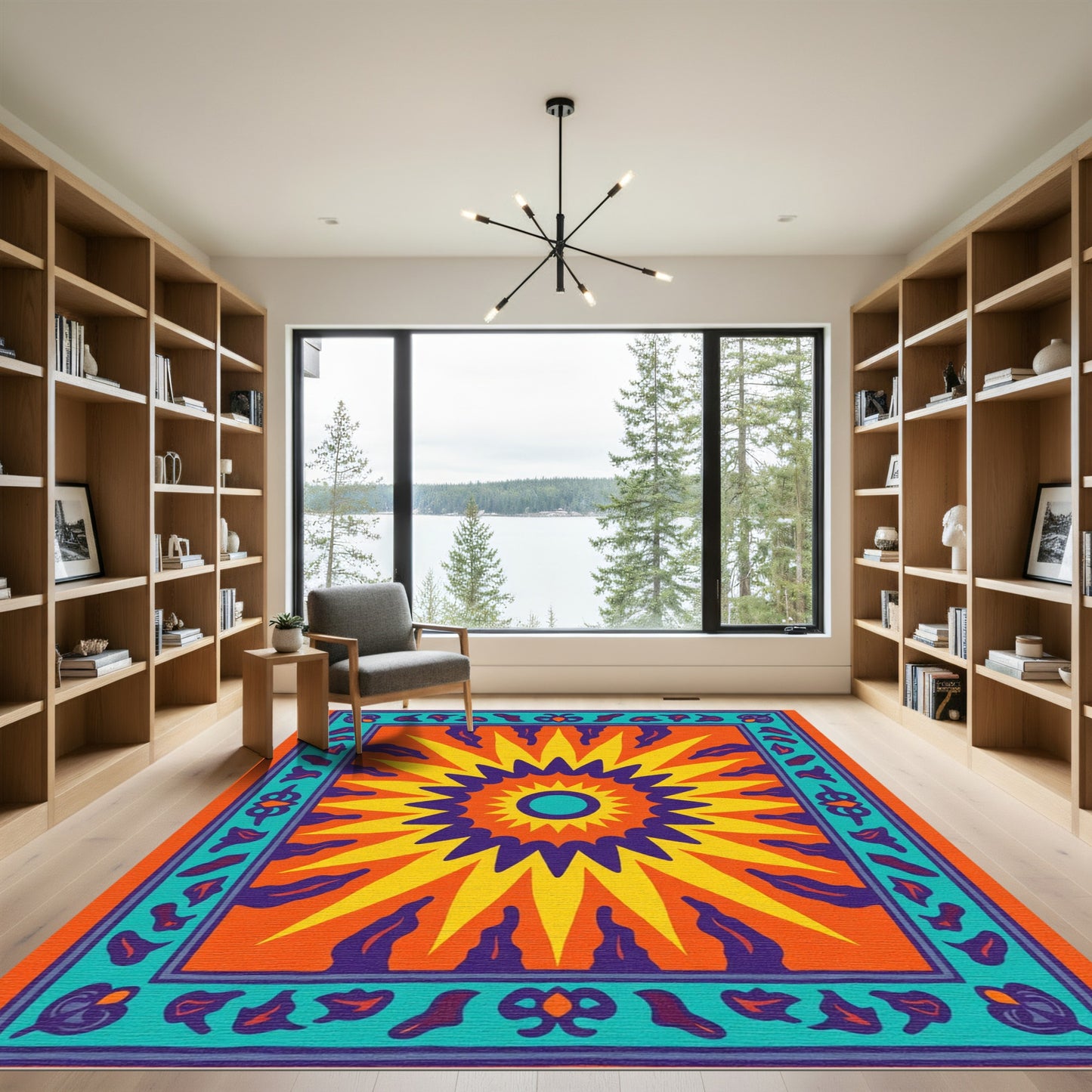 Vibrant Sun Burst Teal Border Rug