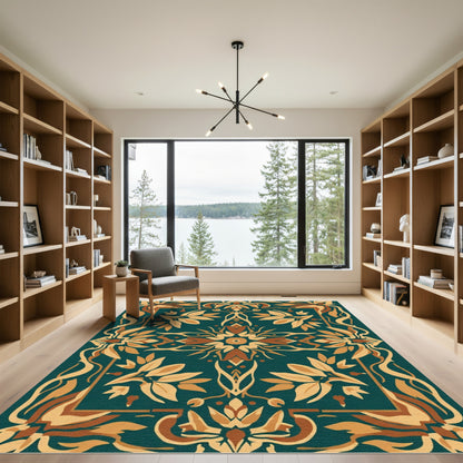 Teal Amber Floral Medallion Arabesque Rug