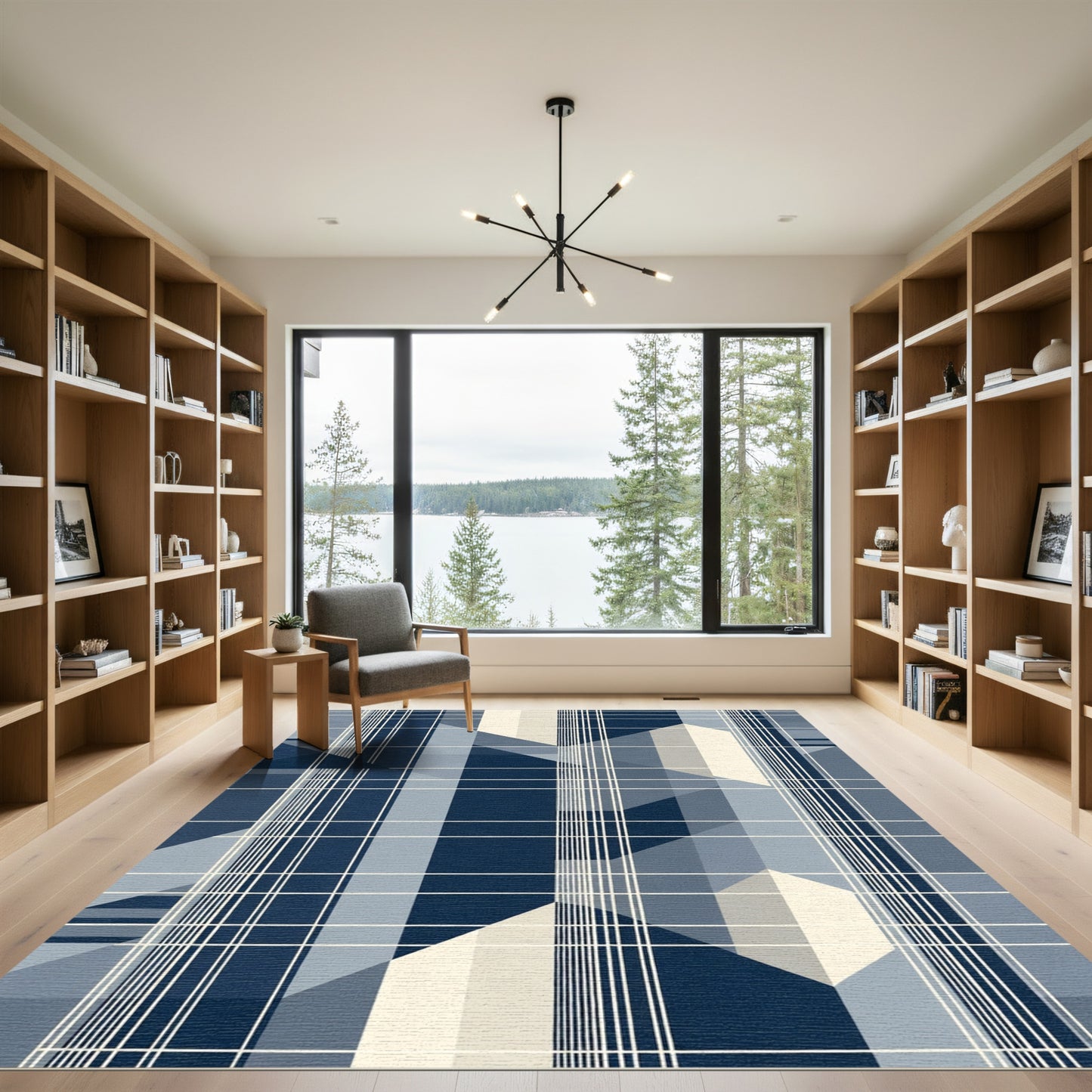 Geometric Blue Plaid Abstract Rug