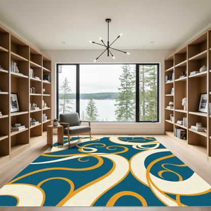 Elegant Teal Swirl Gold Ribbon Rug