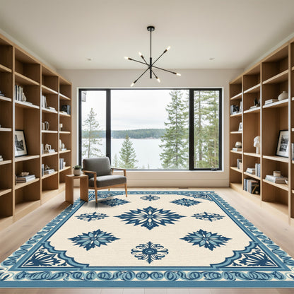 Deep Blue Floral Medallion Ivory Rug