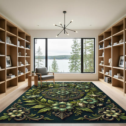 Elegant Sage Floral Medallion Weave Rug