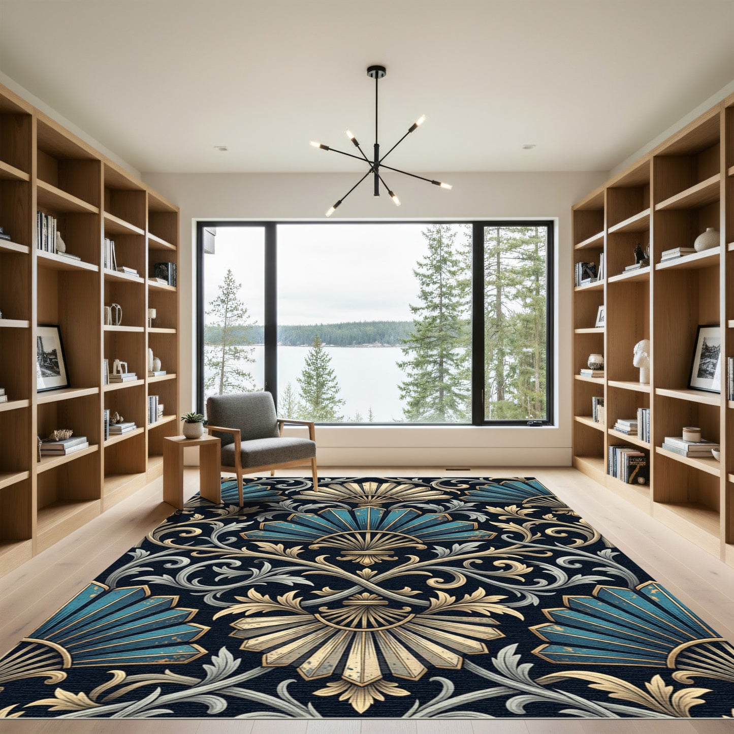 Art Deco Teal and Gold Plume Rug
