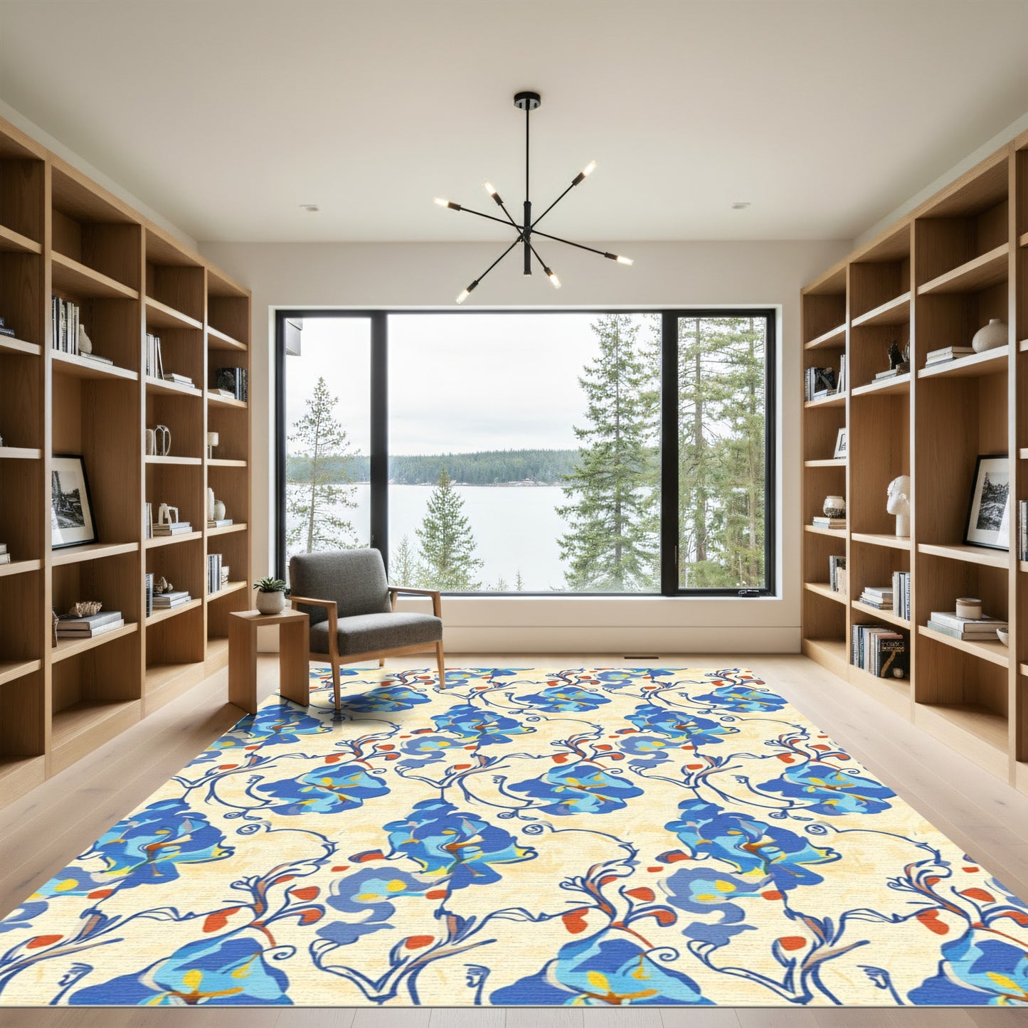 Blue Floral Vine Cream Background Rug