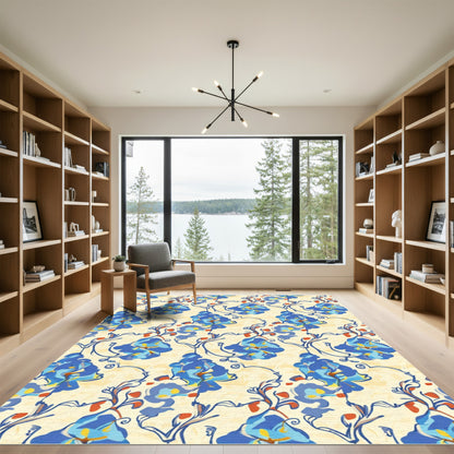 Blue Floral Vine Cream Background Rug