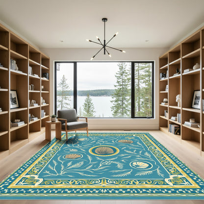 Teal Shell Botanical Floral Border Rug