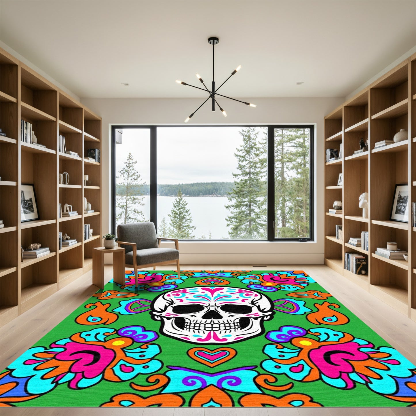 Vibrant Day of the Dead Skull Floral Rug