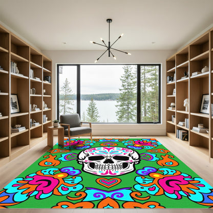 Vibrant Day of the Dead Skull Floral Rug
